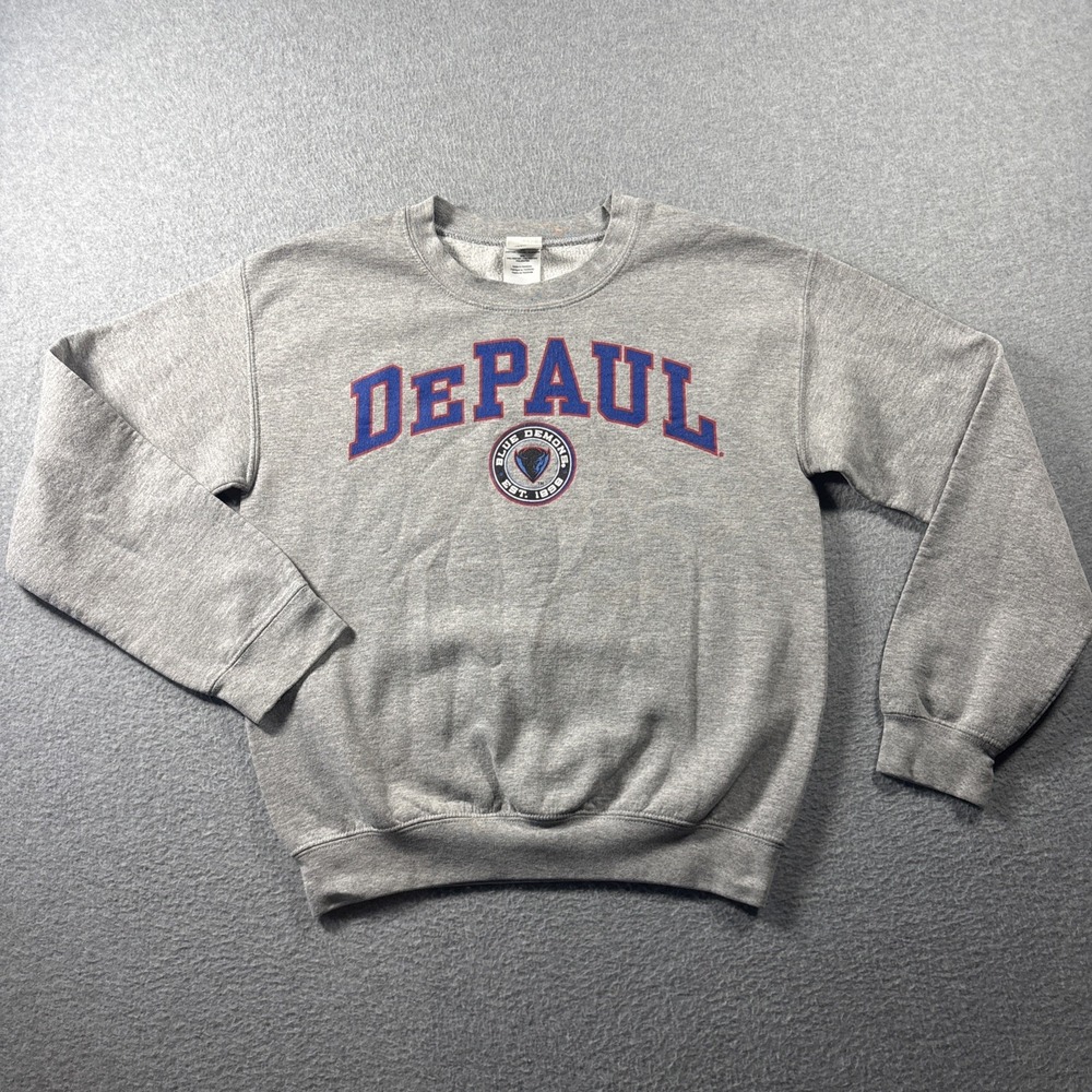 VTG DEPAUL Blue Demons NCAA Gray Sweater Women's Sz S Campus Colors